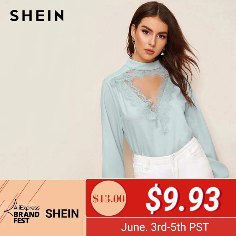 SHEIN Eyelash Lace Trim Cut-Out Front Top 2019 Elegant Blue Pastel Stand Collar Blouse Chic Long Sleeve Summer Women Blouses
SHEIN Eyelash Lace Trim Cut-Out Front Top 2019 Elegant Blue Pastel Stand Collar Blouse Chic Long Sleeve Summer Women Blouses