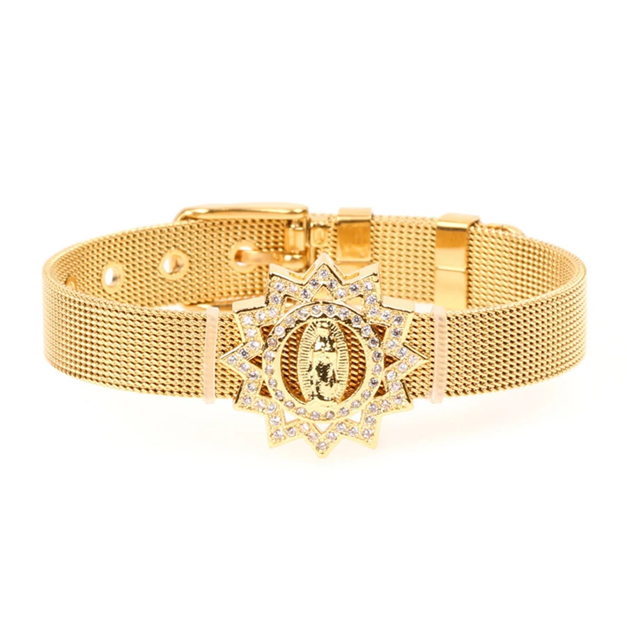 Luxury Virgin Mary Micro-inlaid Zircon Bracelet Women Wide Watchband Gold Color Stainless Steel Bracelets Prayer Jewelry Pulsera
Luxury Virgin Mary Micro-inlaid Zircon Bracelet Women Wide Watchband Gold Color Stainless Steel Bracelets Prayer Jewelry Pulsera