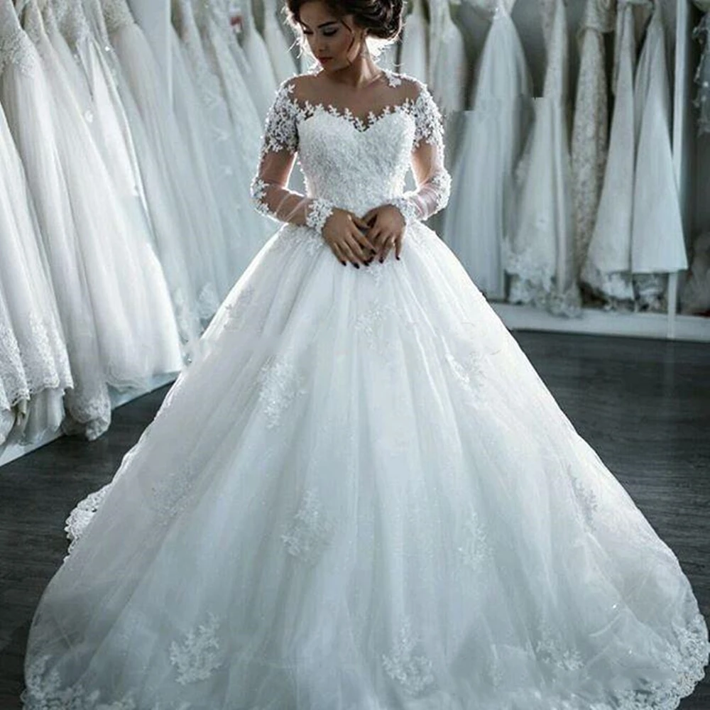 SDRESS Womens Appliques Illusion Crew Neck Long A-line Bridal Wedding Dress