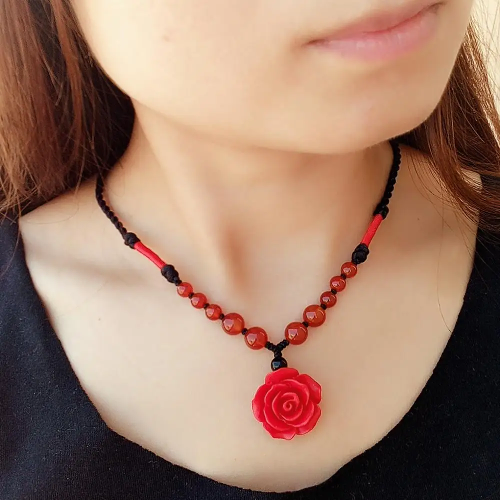 

Folk style handmade jewelry carving flower necklace jewerly cinnabar red rose short chain clavicle 2 color options