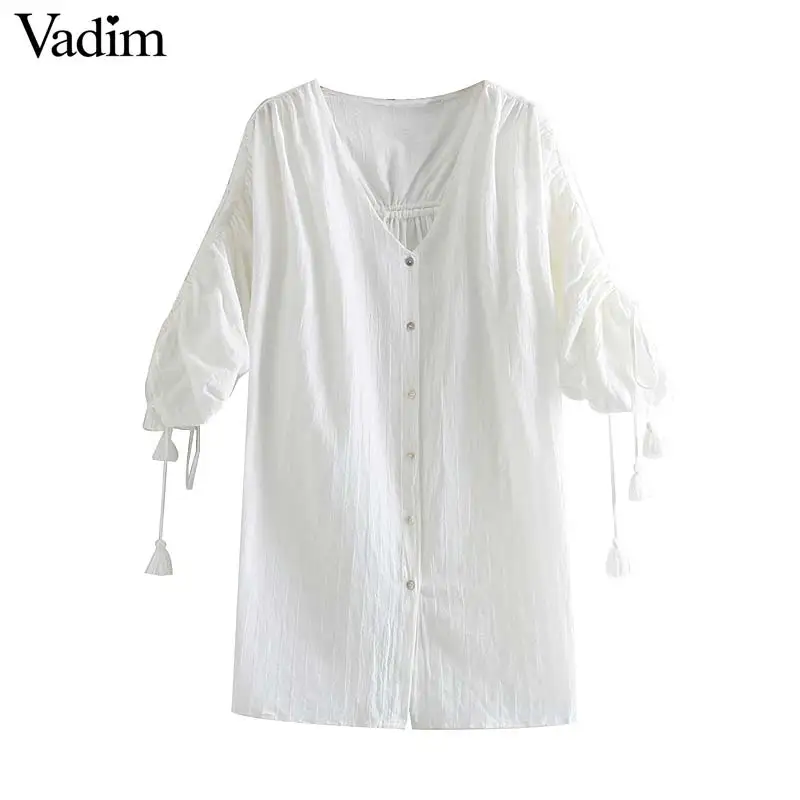 Vadim women stylish solid white V neck long blouse short sleeve cuff tassel decorate oversize female casual chic tops LB198
Vadim women stylish solid white V neck long blouse short sleeve cuff tassel decorate oversize female casual chic tops LB198