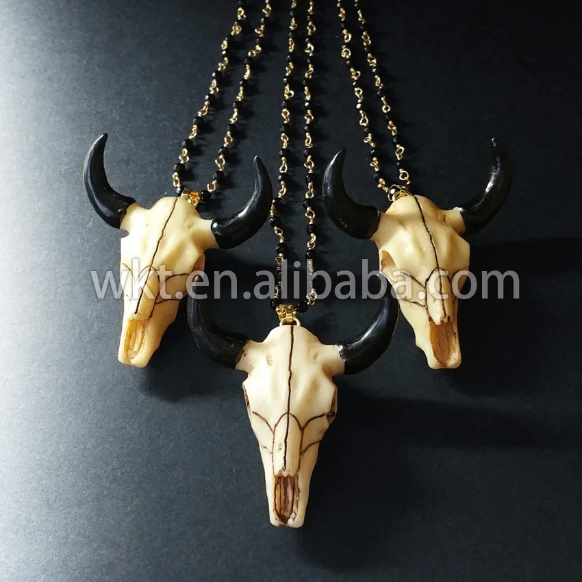 Wholesale Resin cattle longhorn necklace, black rosary beads buffalo head horn necklace WT-N396
Wholesale Resin cattle longhorn necklace, black rosary beads buffalo head horn necklace WT-N396