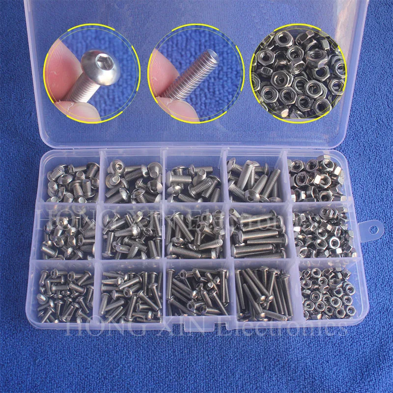 

500pcs/lot M3/M4/M5 304 Stainless Steel Machine Screws With Hex Nuts Assortment Kit Button Head Bolts Metric Thread screw nut