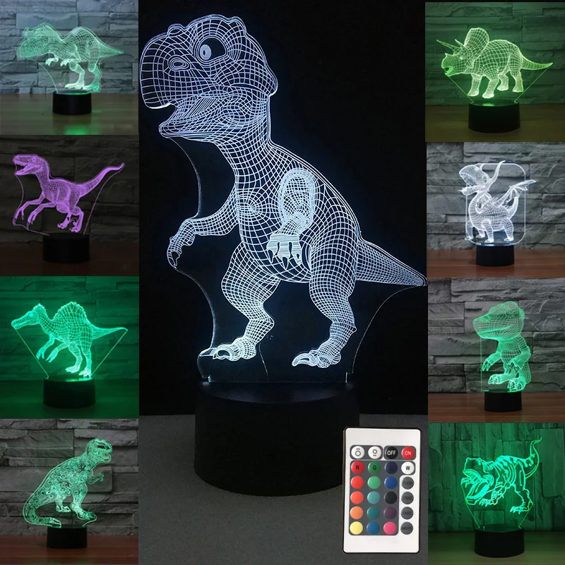 Ночной 3D светильник в виде динозавра сменный сенсорный с питанием от USB 7 цветов