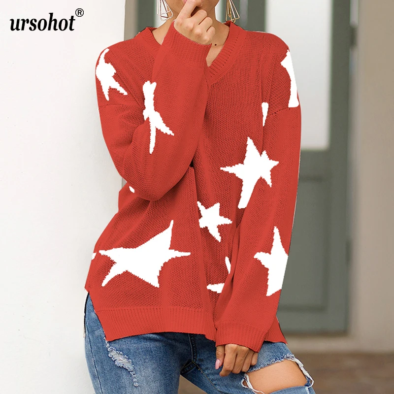 Ursohot 3 Colors Loose Vintage Women Autumn Winter Split Side Jumper Knitted Warm Lazy Style Sweaters Femme Star Print | Женская одежда