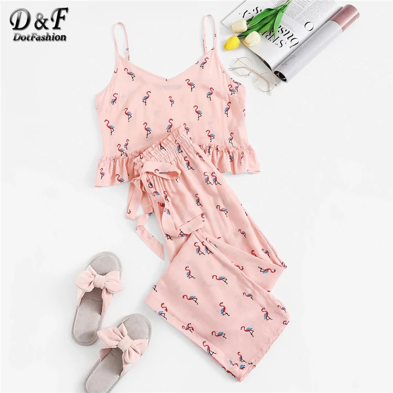 

Dotfashion Pink Flamingo Print Ruffle Cami And Drawstring Pants PJ Set 2019 Casual Pajamas For Women Summer Sleeveless Nightwear