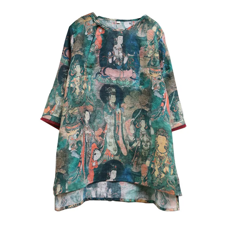 Vintage Buddhist Character Print Front Short Back Long Pure Ramie Linen Shirt, Elegant Lady Summer Thin Cool Zen Top Tee Shirts
Vintage Buddhist Character Print Front Short Back Long Pure Ramie Linen Shirt, Elegant Lady Summer Thin Cool Zen Top Tee Shirts