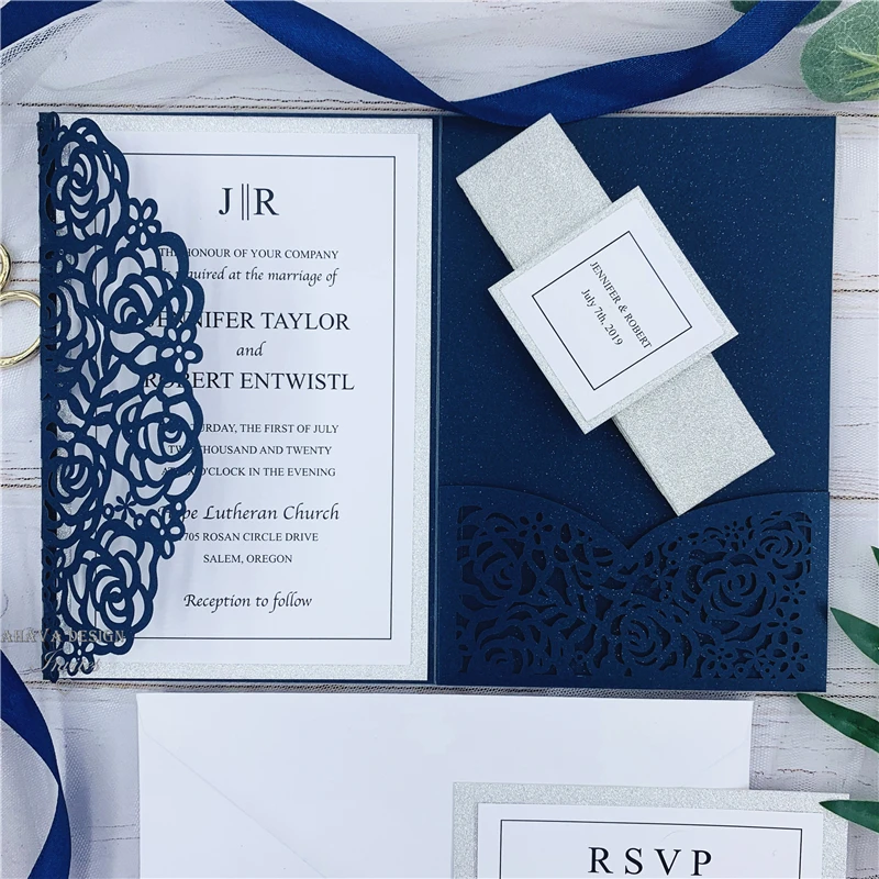 Elegant Navy Blue Rose Laser Cut Pocket Wedding Invitations With Glitter Belly Bands And Tags
Elegant Navy Blue Rose Laser Cut Pocket Wedding Invitations With Glitter Belly Bands And Tags