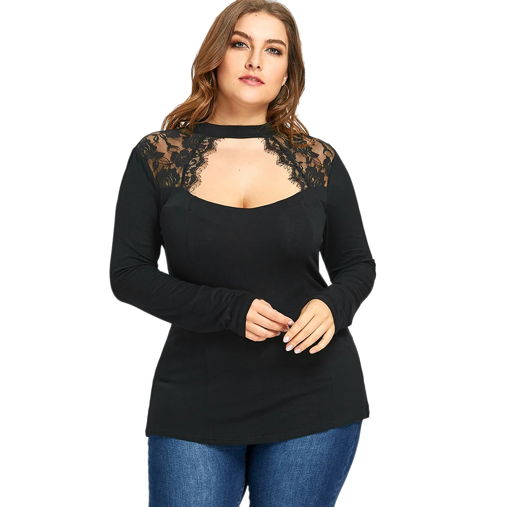 ROSEGAL New Women Plus Size Lace T-Shirts Insert Keyhole Tops Spring Autumn Long Sleeves Black Casual Tees Shirts Cut Out Slim
ROSEGAL New Women Plus Size Lace T-Shirts Insert Keyhole Tops Spring Autumn Long Sleeves Black Casual Tees Shirts Cut Out Slim