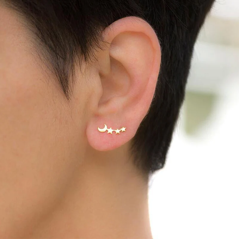 1Pair Moon Silver Cute mini Unique Exquesite Stud Earring Rose Golden Golden Star Campus style birthday Earring gift girls