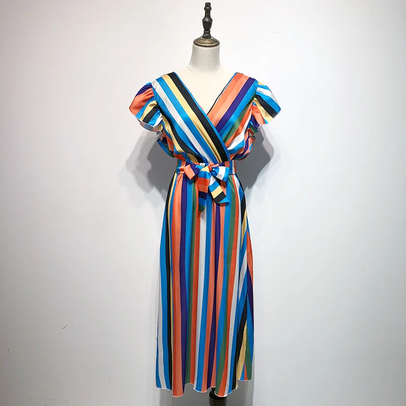 2019 Summer The Seaside Vacation Style Beautiful Dress Colorful Stripes Flying Sleeves V-neck, High Waist Dress Elegant Dress
2019 Summer The Seaside Vacation Style Beautiful Dress Colorful Stripes Flying Sleeves V-neck, High Waist Dress Elegant Dress