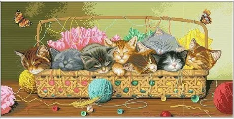 

High Quality Cute Counted Cross Stitch Kit Set Cats Kitties in Basket Cat Kitty Litter dim 35184