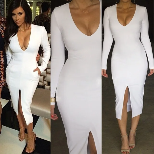 Pink Blue Black Beige Red White Deep V Long Sleeve Autumn Winter Women Knee Length Kim Kardashian Celebrity Bodycon Dresses 
Pink Blue Black Beige Red White Deep V Long Sleeve Autumn Winter Women Knee Length Kim Kardashian Celebrity Bodycon Dresses