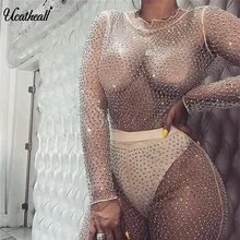 Mesh Hollow Out Rompertjes Womens Jumpsuit Lange Mouwen Parels See Through Clubwear Party Bodycon Jumpsuits Overalls 2018 Voor Vrouwen(China)
