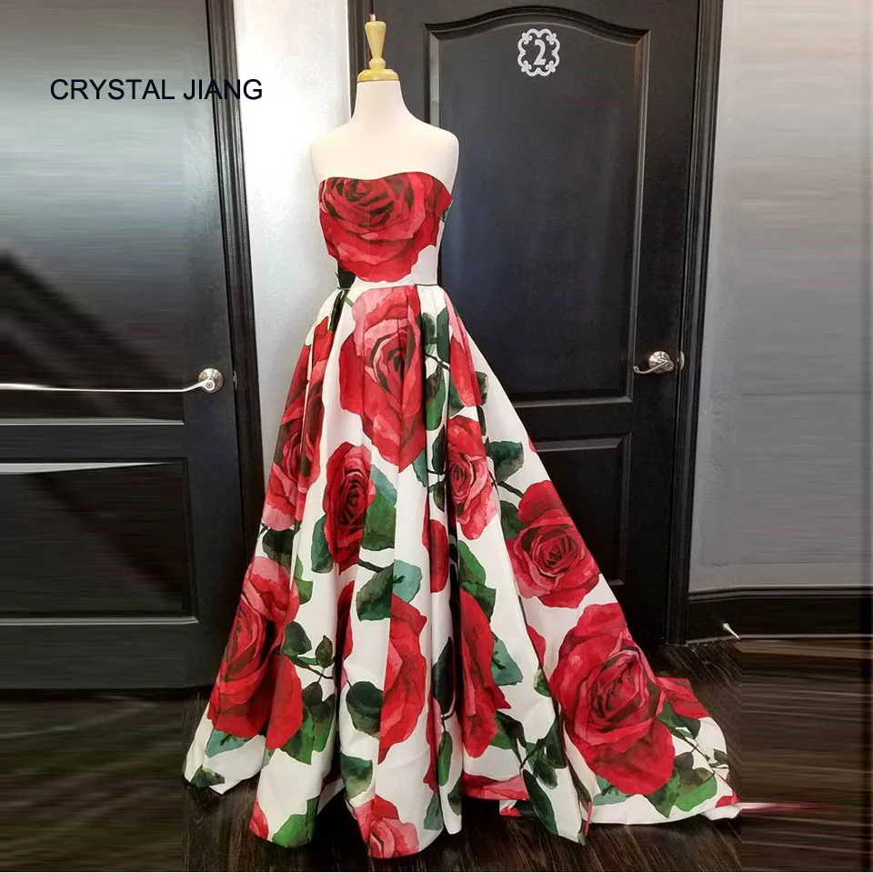 2018 Floral Printed Strapless A Line Custom made Sweep Train Long Party Gown Fashion Prom Dresses 
2018 Floral Printed Strapless A Line Custom made Sweep Train Long Party Gown Fashion Prom Dresses