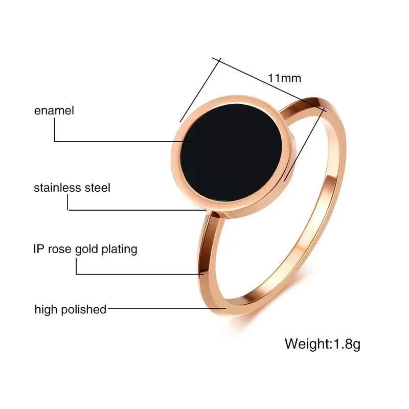 Meaeguet Rose Gold Color Women\`s Simple Rings Stainless Steel Black Stone Finger Ring Fashion Cocktail Jewelry (9)