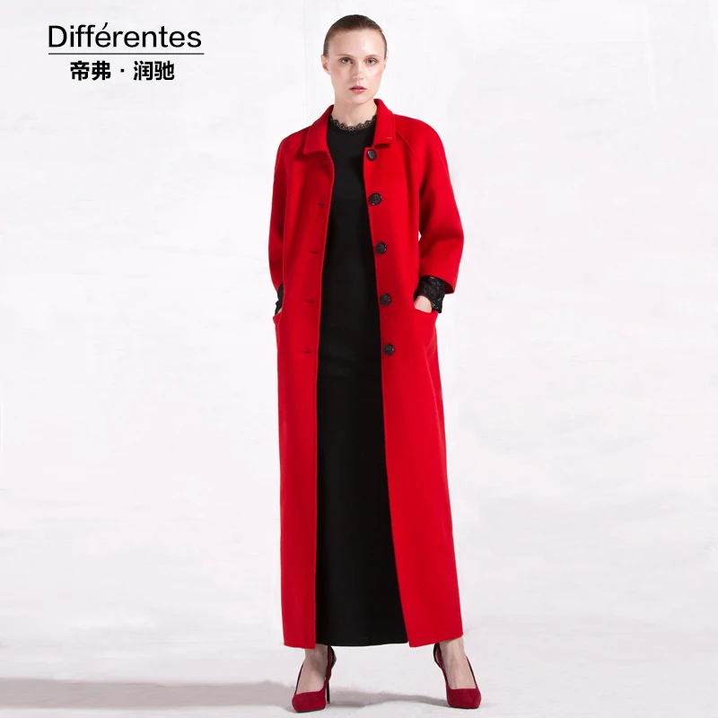 Image DF high quality OL style wool warm winter red coat women turndown collar single breasted long coat casual lady overcoat 6238