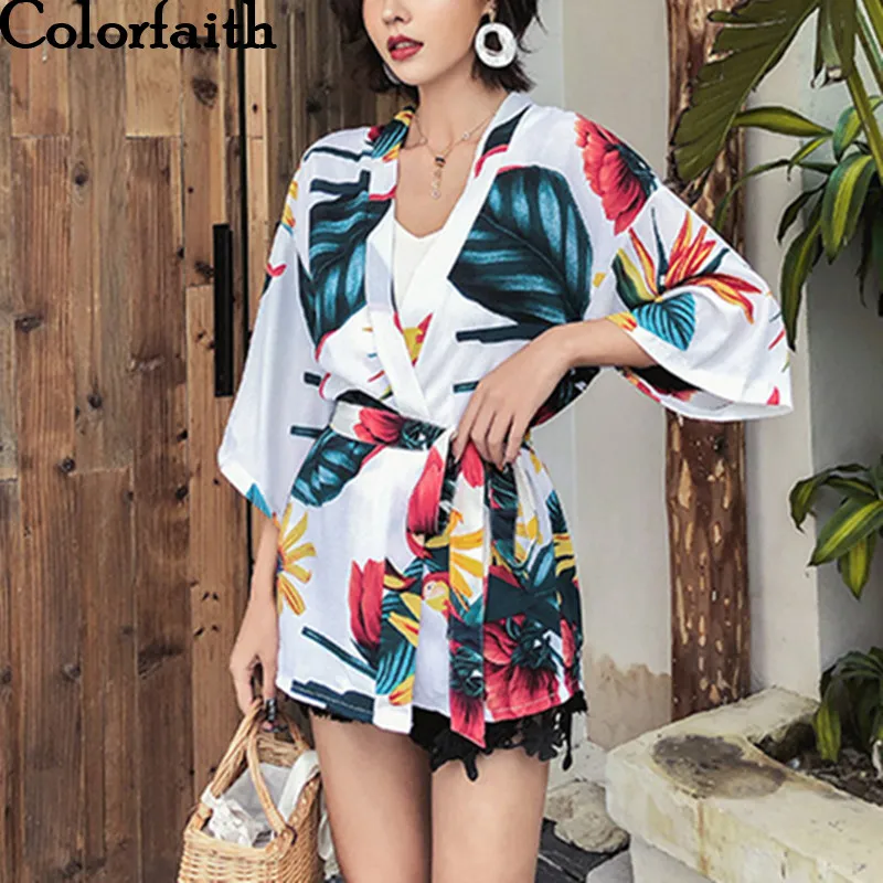 2019 кардиган в стиле кимоно шифон Лето Гавайи с цветным Ретро принтом Блузы