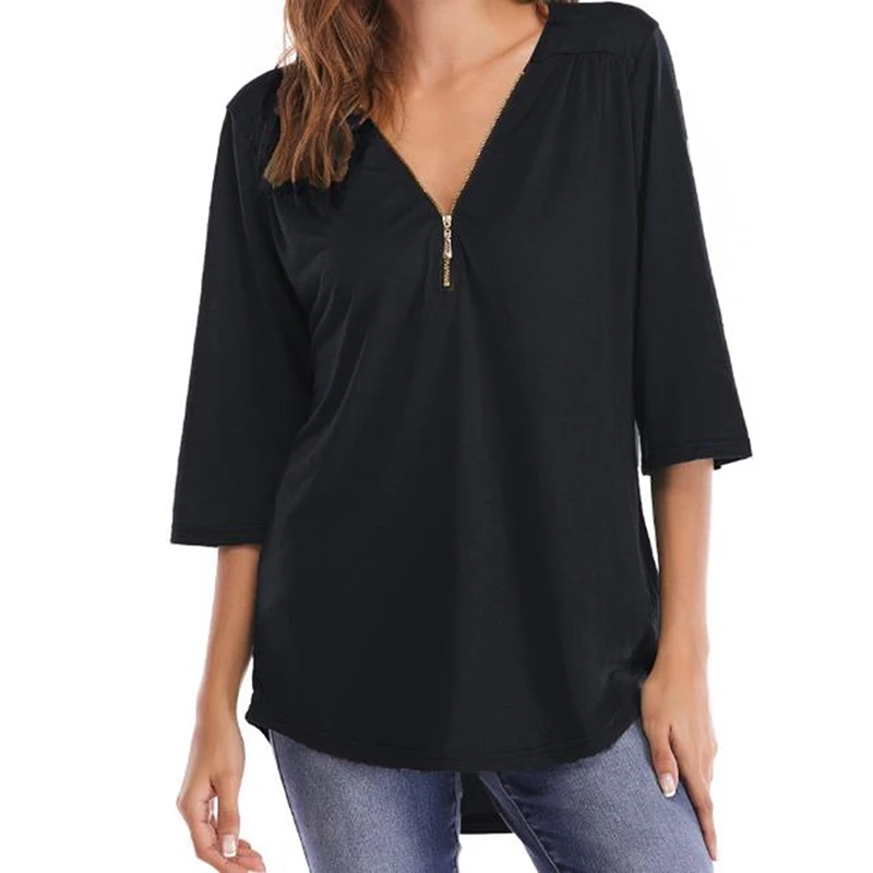 Women Summer Top V Collar Zipper Half Sleeves Loose Shirt Irregular Hem Casual T Shirts For Colth | Женская одежда
