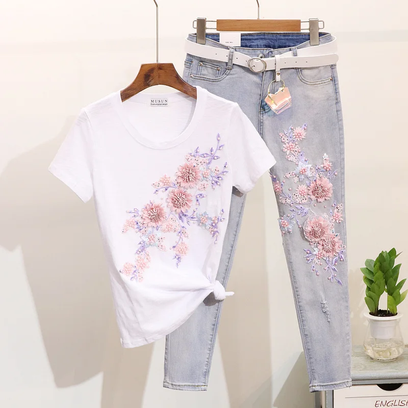 Amolapha Women 3D Flowers Embroidery Beaded Tshirt Jeans Pant Set Lady Girls Casual Loose Tshirt Denim Pant Clothes Suit
Amolapha Women 3D Flowers Embroidery Beaded Tshirt Jeans Pant Set Lady Girls Casual Loose Tshirt Denim Pant Clothes Suit