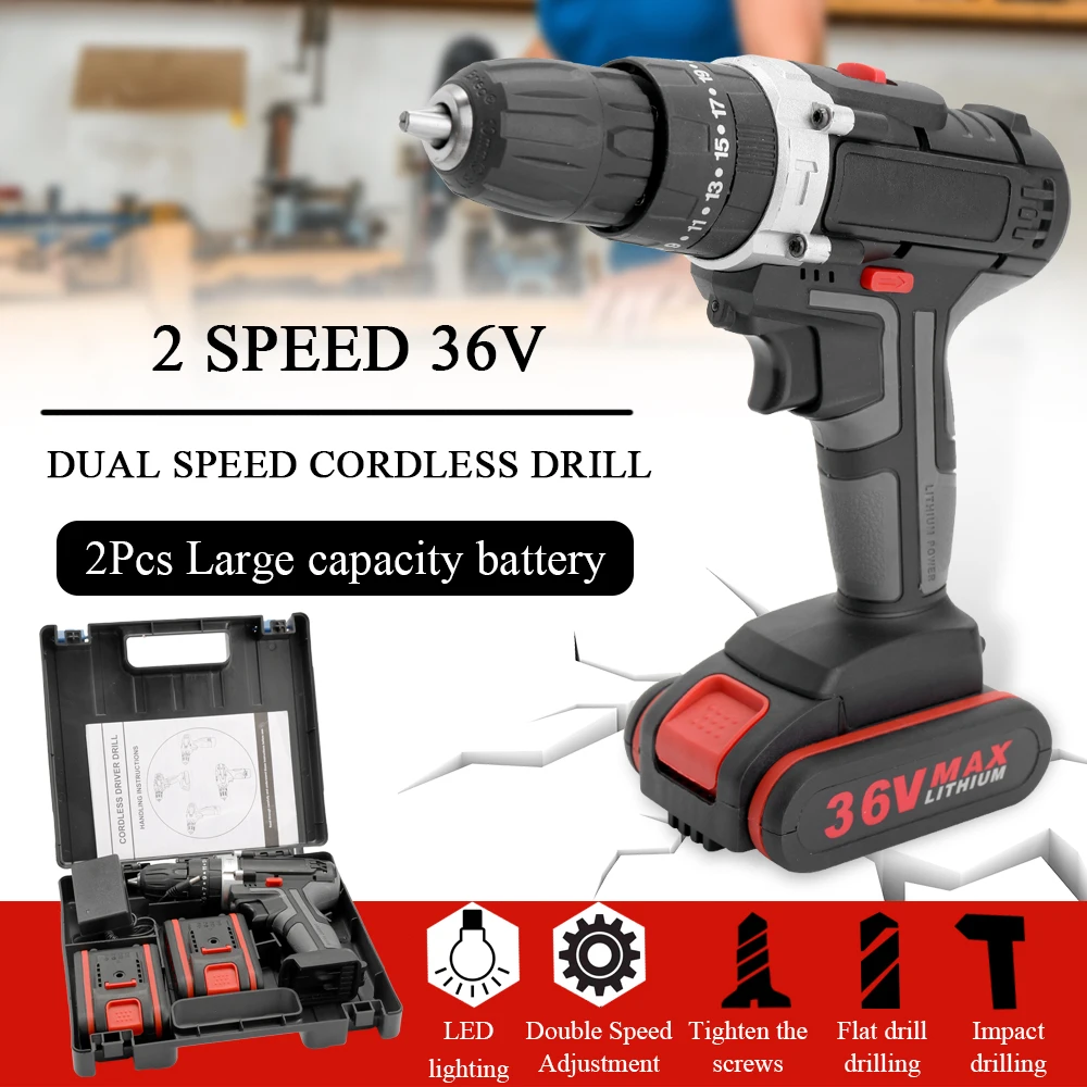 Professional 36V Electric Impact Cordless Drill 1/2 Li-ion Battery Wireless Rechargeable Home DIY Electric Power Tool
Professional 36V Electric Impact Cordless Drill 1/2 Li-ion Battery Wireless Rechargeable Home DIY Electric Power Tool