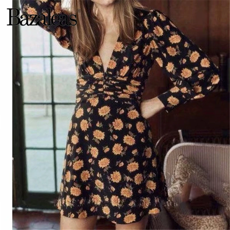 Bazaleas Fashion Long sleeve Mini Dress Vintage Yellow Floral Print women Dress Deep V Neck Sashes women vestidos Casual
Bazaleas Fashion Long sleeve Mini Dress Vintage Yellow Floral Print women Dress Deep V Neck Sashes women vestidos Casual