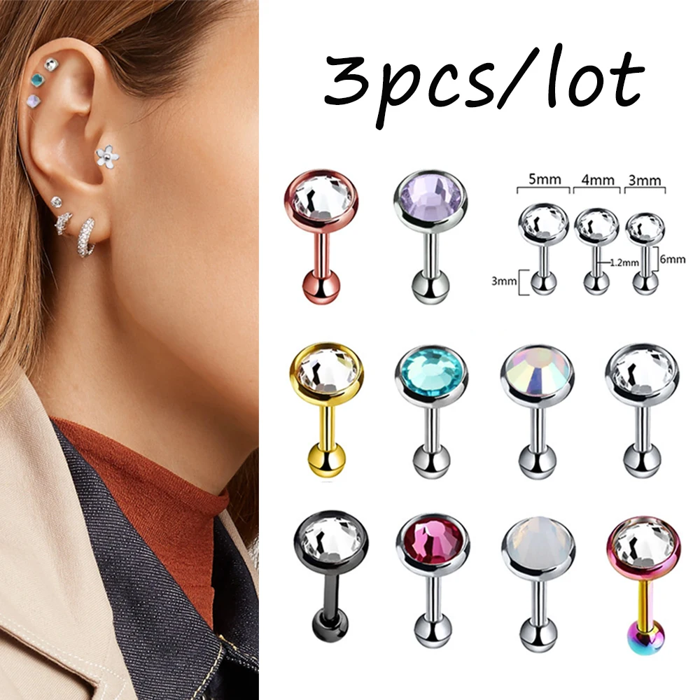 

3Pcs/lot New CZ Crystal Cartilage Barbell Piercing Earrings Wome Ear Stud Tragus Earring Body Piercing oreja Jewelry Multi-color