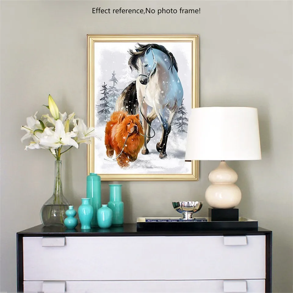 Full Full Square Diamond Embroidery Painting Dog And Horse 5D DIY Animal In Winter Mosaic Cross (2)