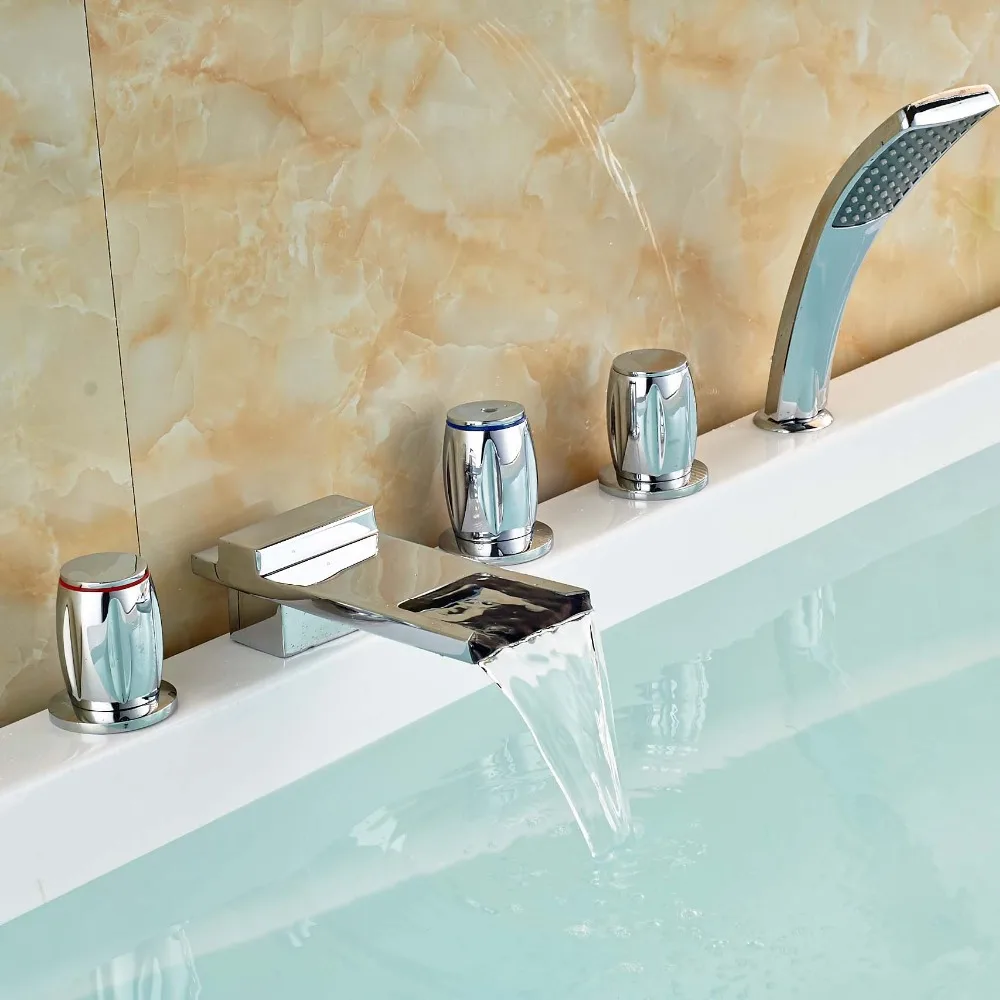 Chrome Finish Widespread Waterfall Tub Filler Bathrom Bathtub Faucet Mixer Taps w/ Handshower 
Chrome Finish Widespread Waterfall Tub Filler Bathrom Bathtub Faucet Mixer Taps w/ Handshower