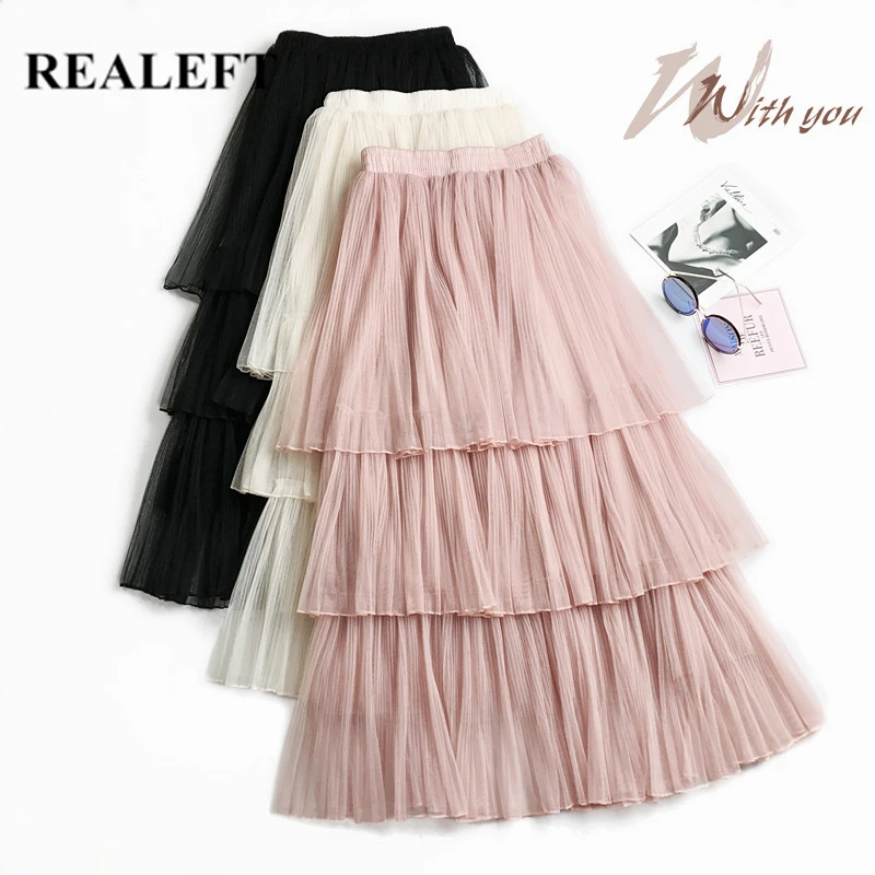 REALEFT Women 2019 New Arrival Elegant Long Skirts Spring Summer High Waist Tulle Mid-calf Cake Pleated for Womens | Женская одежда