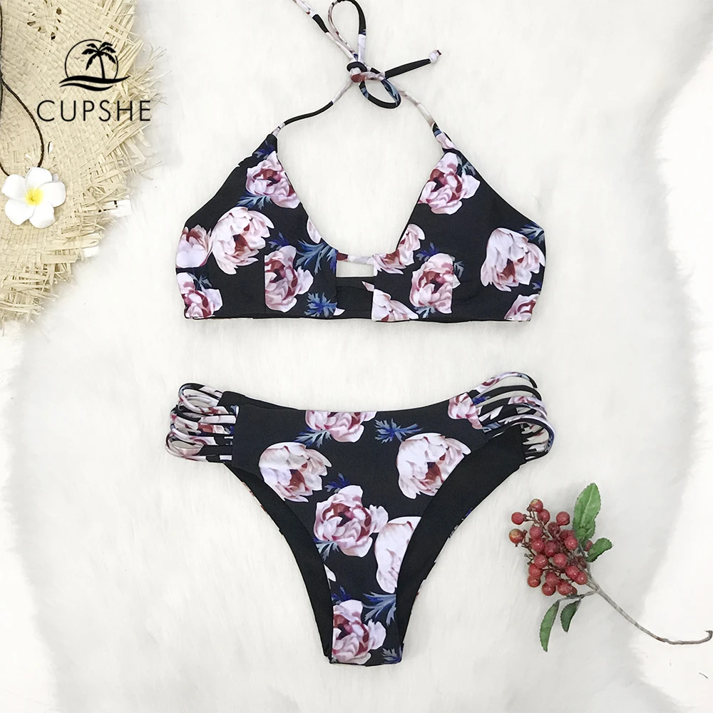

CUPSHE Flower Print Reversible Bikini Sets Women Sexy Strappy Halter Two Pieces Swimsuits 2019 Girl Bathing Suits