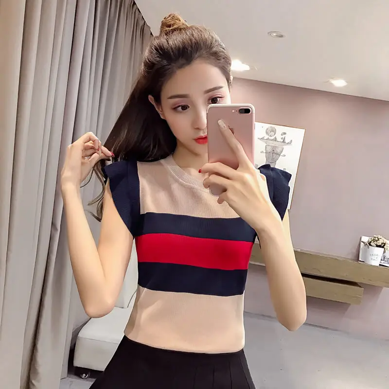 

Girls O-Neck Ruffled Knitting Stripe Camis Tops Sleeveless Tees Female Knitted Stretchy Camisoles Tanks Tops For Women
