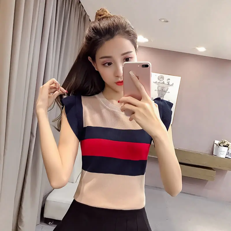 Girls O-Neck Ruffled Knitting Stripe Camis Tops Sleeveless Tees Female Knitted Stretchy Camisoles Tanks Tops For Women
Girls O-Neck Ruffled Knitting Stripe Camis Tops Sleeveless Tees Female Knitted Stretchy Camisoles Tanks Tops For Women