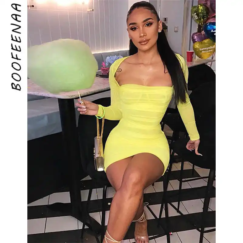 neon ruched bodycon dress