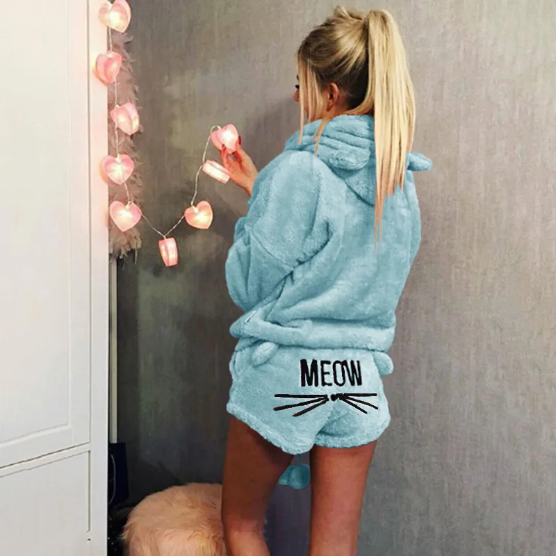 Women Coral Velvet Suit Two Piece Autumn Winter Pajamas Warm Sleepwear Cute Cat Meow Pattern Hoodies Shorts Set 2018 New
Women Coral Velvet Suit Two Piece Autumn Winter Pajamas Warm Sleepwear Cute Cat Meow Pattern Hoodies Shorts Set 2018 New