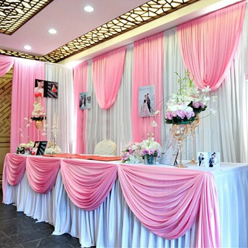 20ft Length White Ice Silk Solid Table Skirt With Swag For Wedding