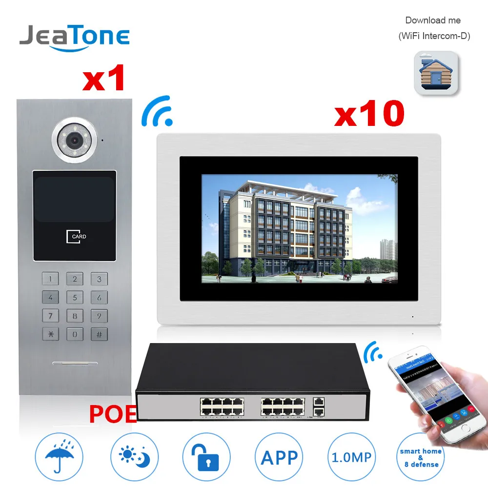 

7'' Touch Screen WIFI IP Video Door Phone Intercom +POE Switch 10 Floors Building Access Control System Support Password/IC Card