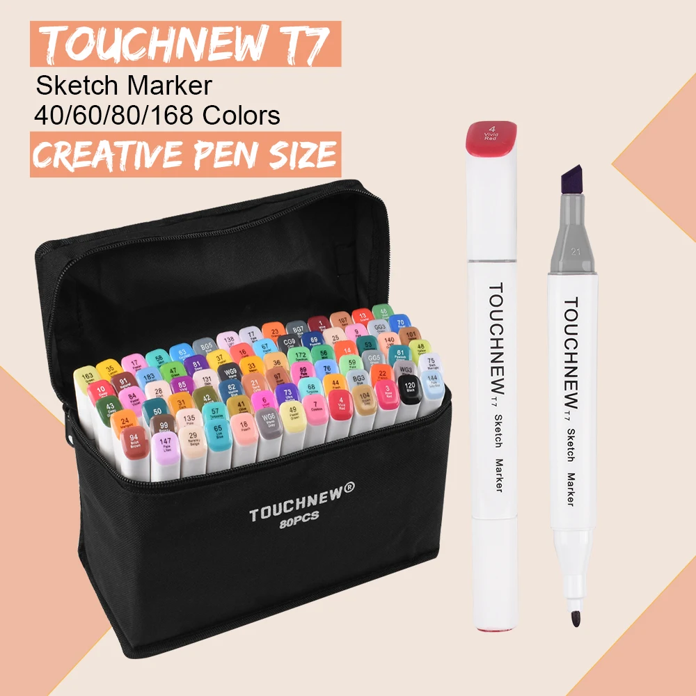 

TOUCHNEW T7 Dual Tips Sketch Markers Creative Design 40/60/80/168 Color Marker Pen Alcohol Based Drawing Art Supplies with Gifts