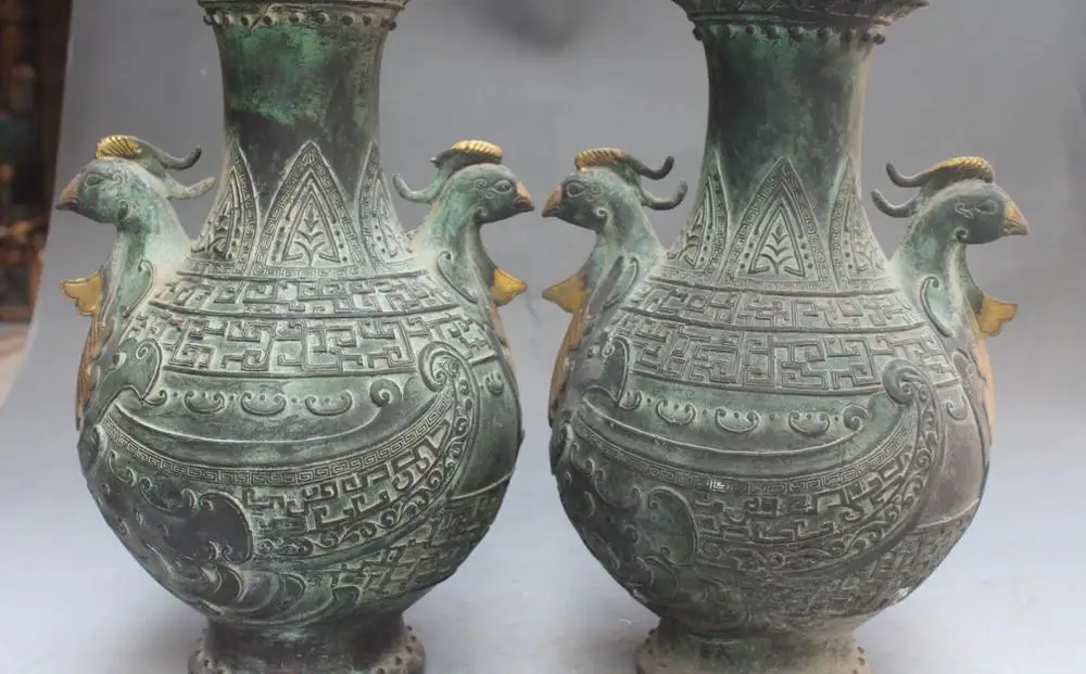 12" Marked China Dynasty Copper Gilt Phoenix Bird Flower Vase Bottle Statue Pair
12" Marked China Dynasty Copper Gilt Phoenix Bird Flower Vase Bottle Statue Pair
