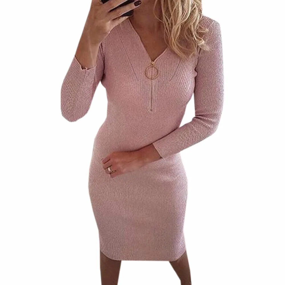 Zipper Sexy Women Knee-Length Knitted Lady Long Sleeve V Neck 2017 Female Autumn Winter Slim Warm Midi Dress GV1036
Zipper Sexy Women Knee-Length Knitted Lady Long Sleeve V Neck 2017 Female Autumn Winter Slim Warm Midi Dress GV1036