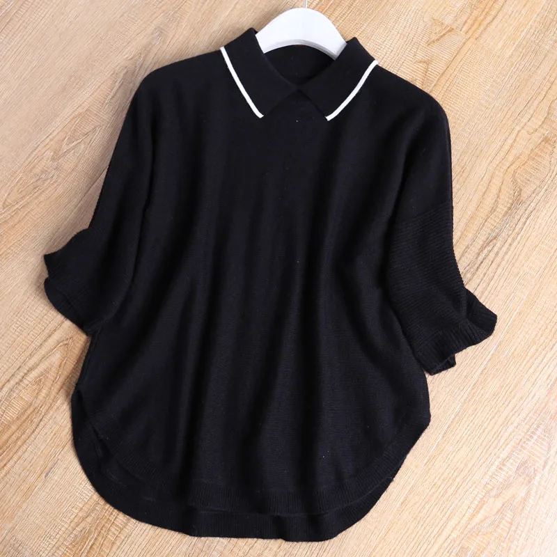 Wool Cashmere Knitted Sweater Flipped-Collar Five-Sleeve Pullover Pure color Autumn Spring Women Sweater Ladies Tops
Wool Cashmere Knitted Sweater Flipped-Collar Five-Sleeve Pullover Pure color Autumn Spring Women Sweater Ladies Tops