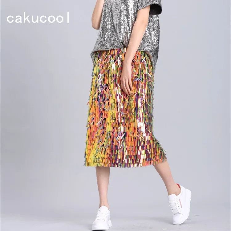 Новая Яркая юбка с блестками Cakucool блестящая роскошная средней длины для клуба и