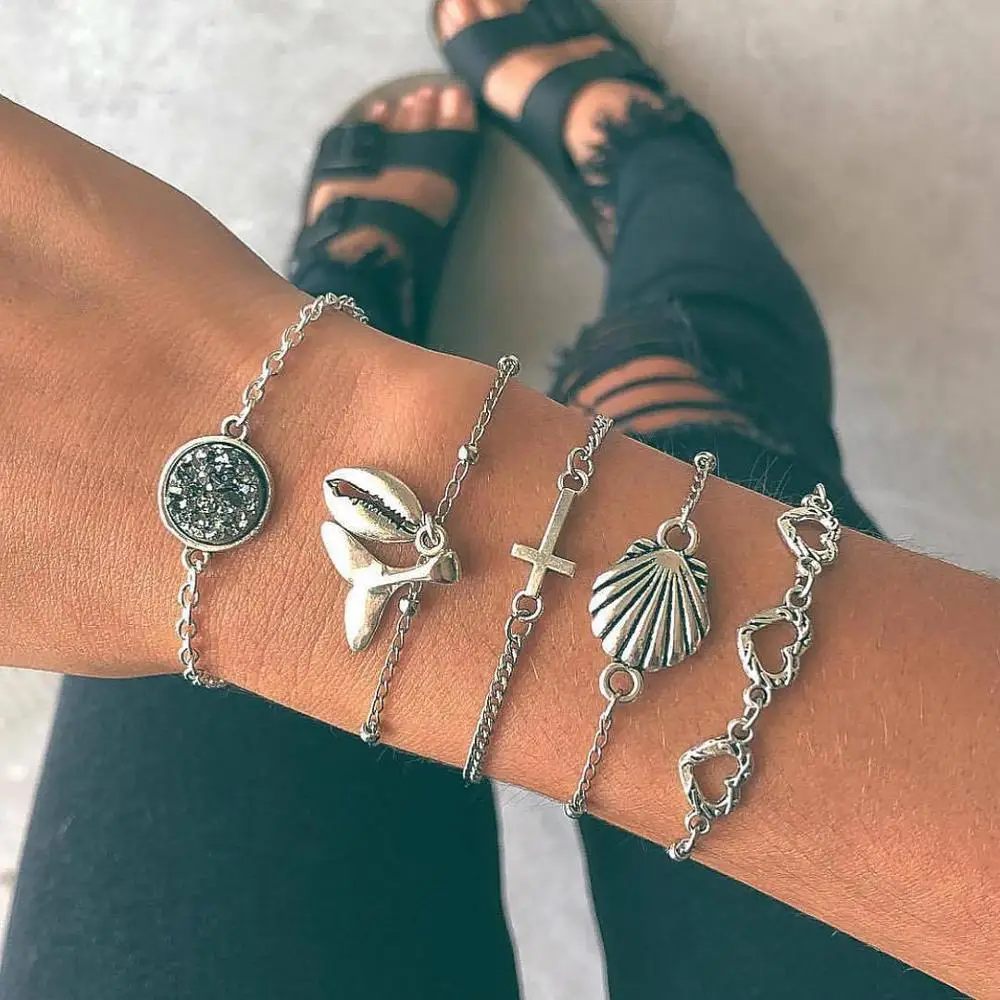 Vintage Female Bracelets Shell Fishtail Cross Heart Round Flash Crystal Pendant Silver Bracelet Set Lady Beach Jewelry
Vintage Female Bracelets Shell Fishtail Cross Heart Round Flash Crystal Pendant Silver Bracelet Set Lady Beach Jewelry