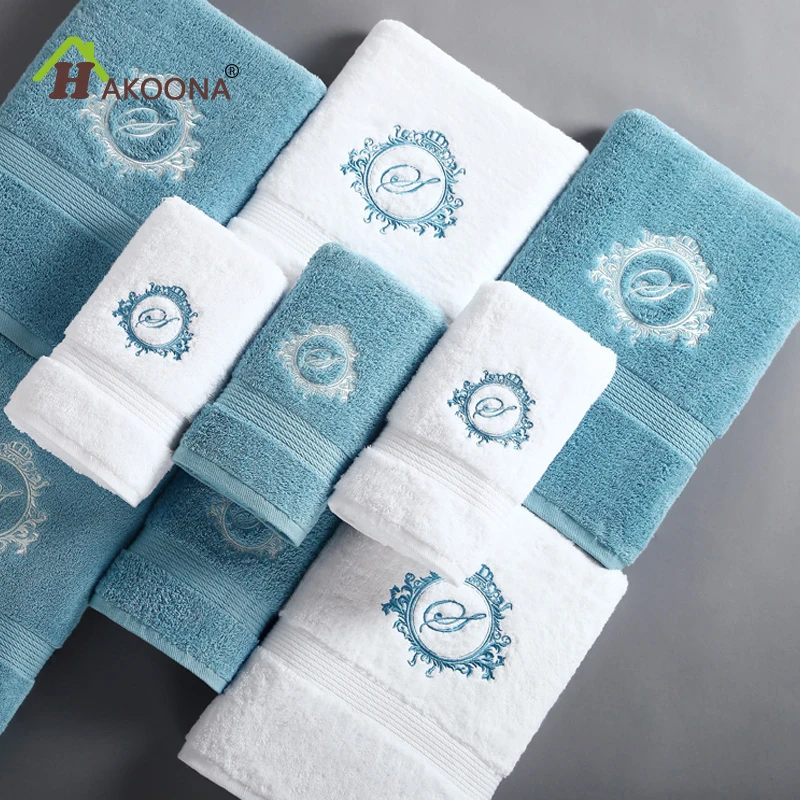 HAKOONA 160*80cm*820 Grams Luxury Hotel Embroidered Towels Blue White Bath Towels Soft Adults Bathroom Absorbent Thick Towels