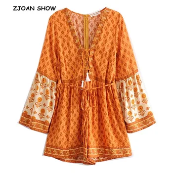 2019 New Bohemian Tassel Lace up V neck Orange Floral print Playsuits Women Long Flare Sleeve Short Jumpsuits Romper Bodysuits
2019 New Bohemian Tassel Lace up V neck Orange Floral print Playsuits Women Long Flare Sleeve Short Jumpsuits Romper Bodysuits