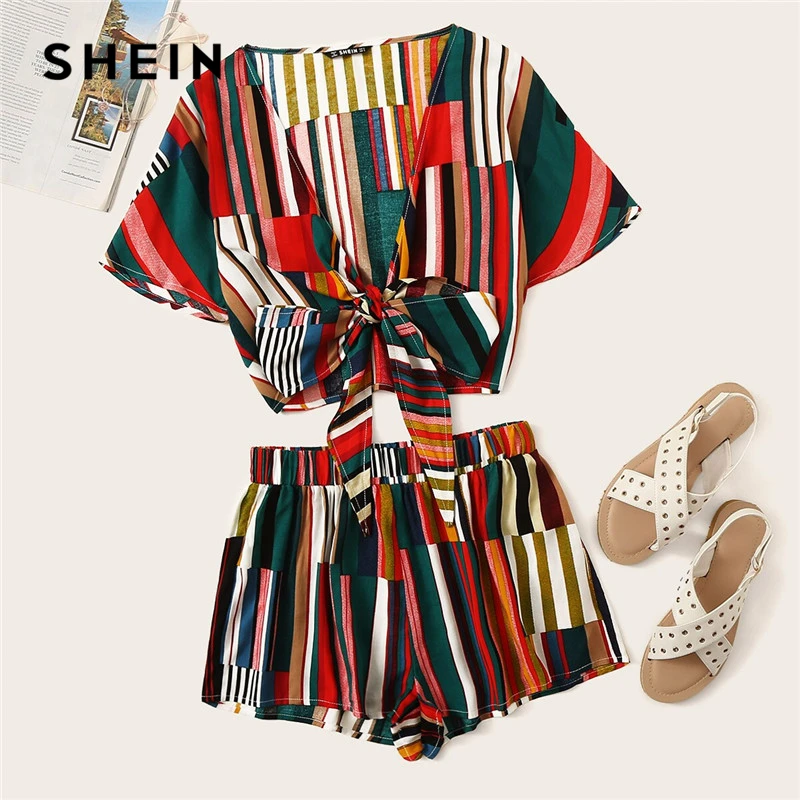 SHEIN Colorful Striped Knotted Front Crop Top and Shorts Set Two Piece Set Boho Sexy Deep V Neck Top Women Two Piece Outfits
SHEIN Colorful Striped Knotted Front Crop Top and Shorts Set Two Piece Set Boho Sexy Deep V Neck Top Women Two Piece Outfits