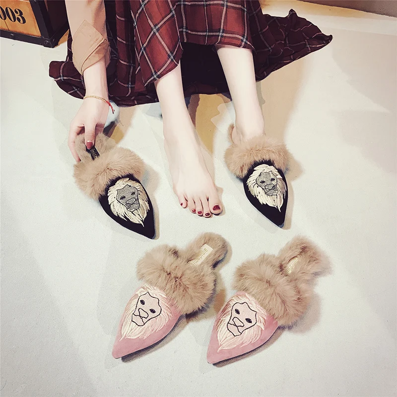 

famous brand embroider lion slippers women pointed toe rabbit fur suede sandals women mules warm plush winter furry shoes s355
