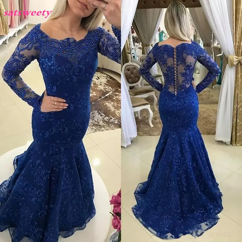 Royal Blue Lace Long Sleeve Mother Of The Bride Dresses Beaded Pearls Long Plus Size Mother's Formal Mermaid Prom Dress
Royal Blue Lace Long Sleeve Mother Of The Bride Dresses Beaded Pearls Long Plus Size Mother's Formal Mermaid Prom Dress