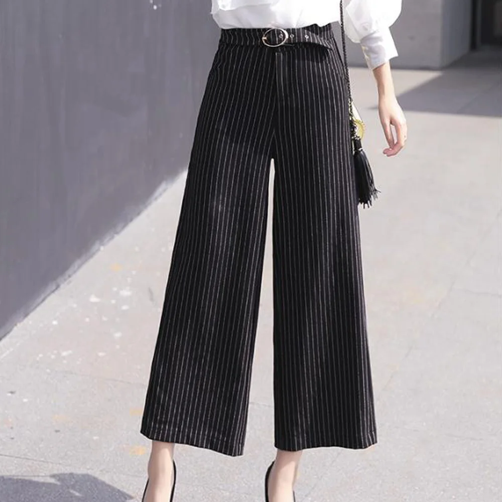 Black Striped Wide Leg Pants Women Zipper Fly Autumn High Waist Loose Trousers Office Ladies Bottoms Ankle Length Long Pants
Black Striped Wide Leg Pants Women Zipper Fly Autumn High Waist Loose Trousers Office Ladies Bottoms Ankle Length Long Pants