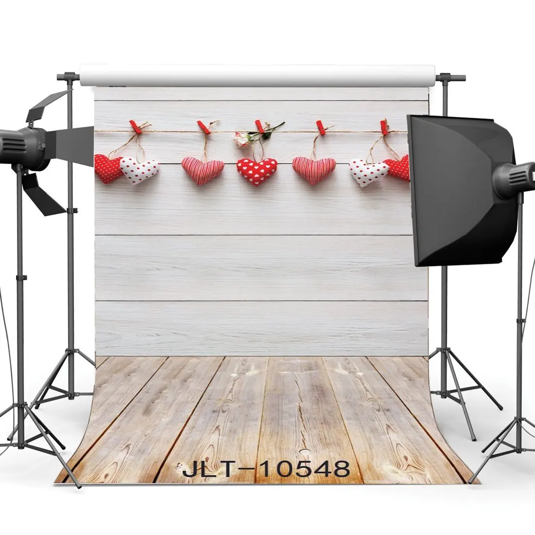 Фото Photography Backdrops Hearts Hanging on Whitewashed Wood Wall & Nostalgia Stripe Wooden Floor Christmas Holiday Background |